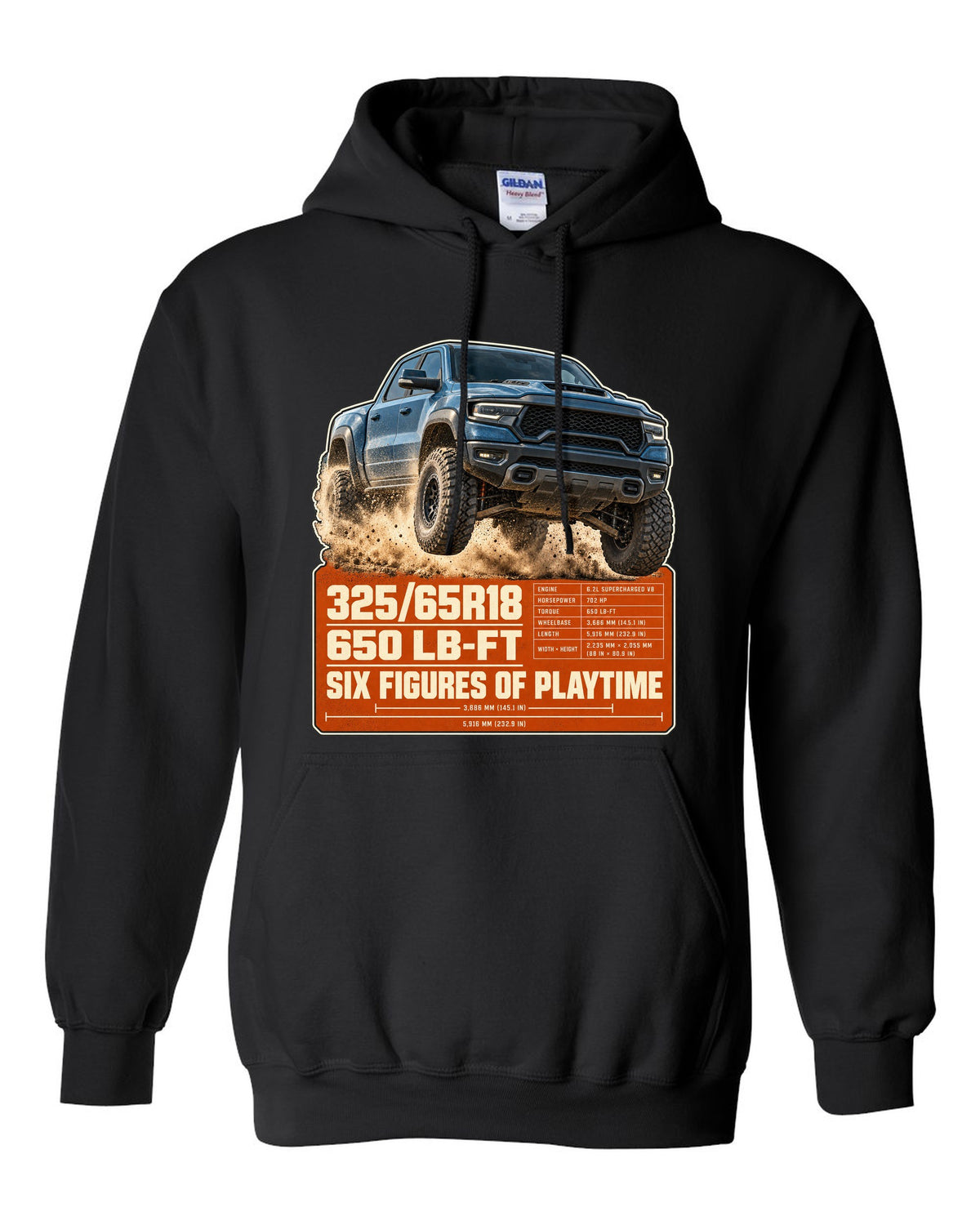 Ram 1500 TRX spec poster with tyre size and torque print black pull over hoodie front view with the design