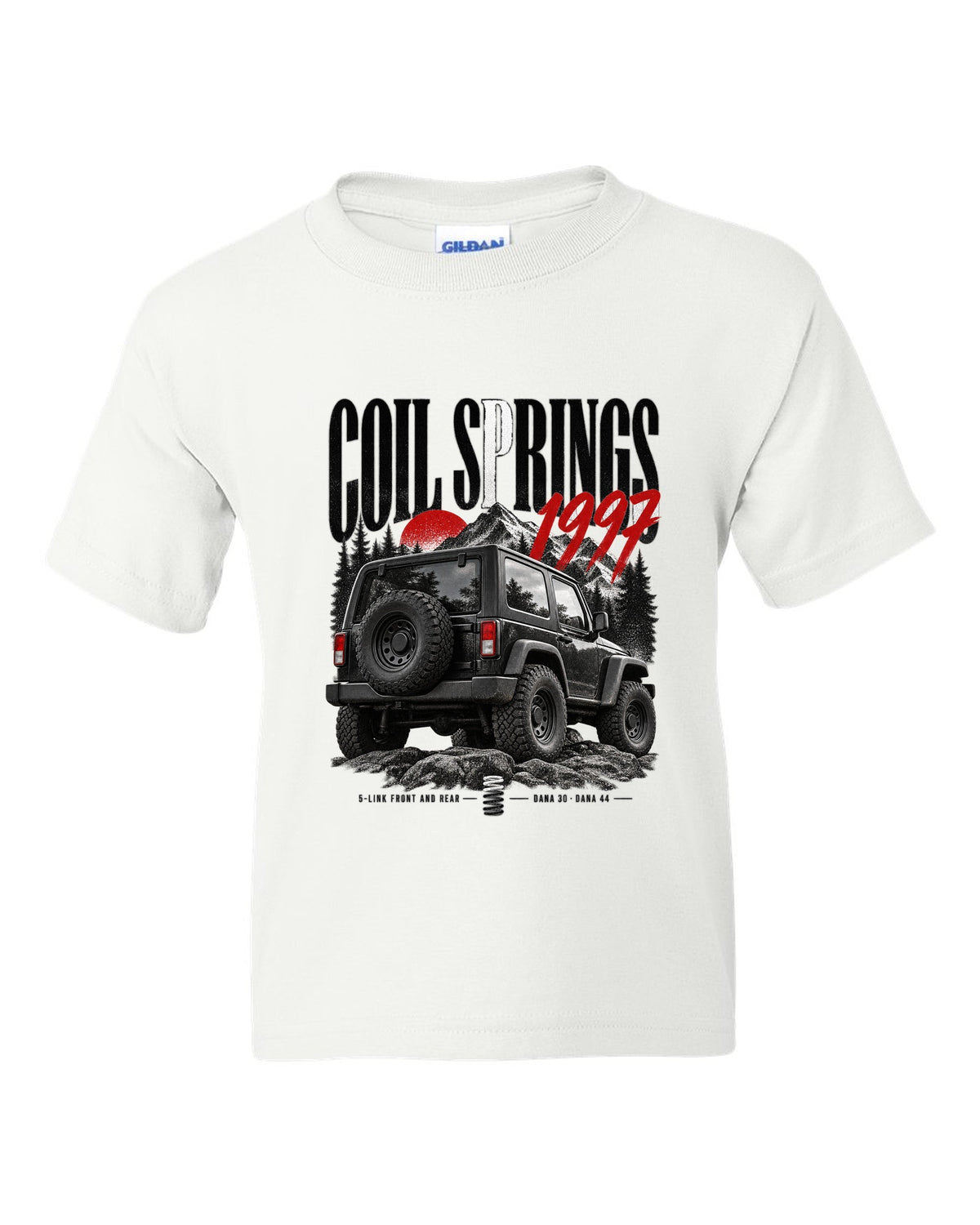 Editorial print for the Jeep Wrangler TJ, coil springs 5-link Dana 30 and Dana 44 white kids tee front view with the design