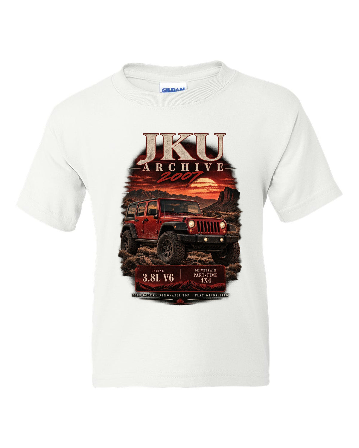 Archive panel print for the 2007 Jeep Wrangler JKU, 3.8L V6 four-door white kids tee front view with the design