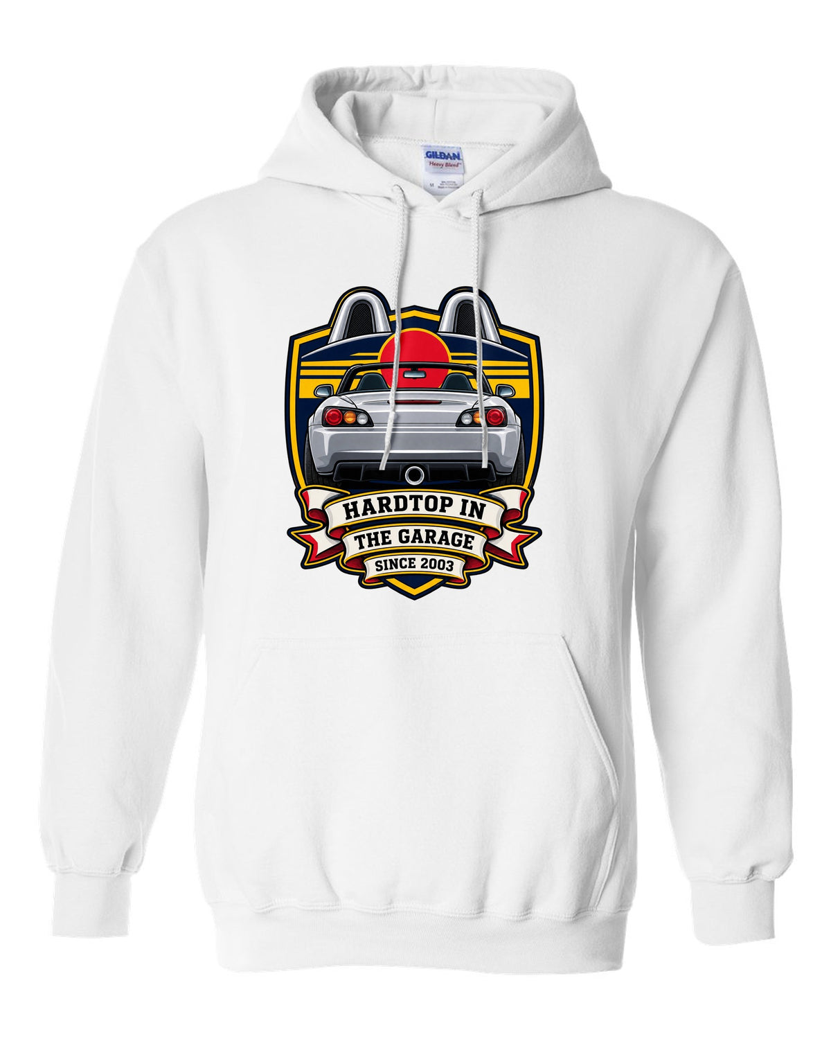 Embroidery patch style print of a 1999 Honda S2000 AP1 roadster with hardtop in the garage text white pull over hoodie front view with the design