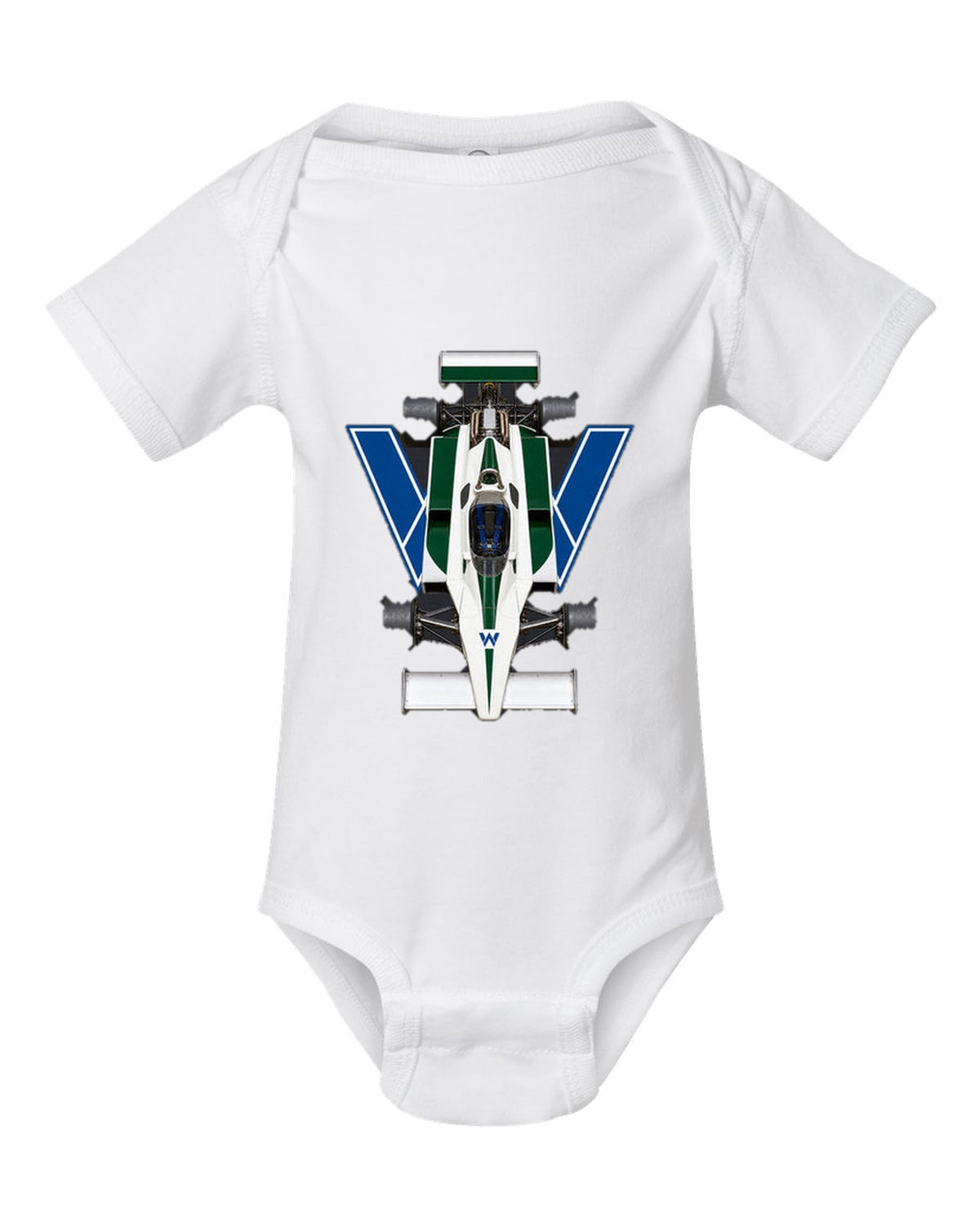 Williams FW07 1979 Formula 1 overhead poster artwork white baby onesie front view with the design