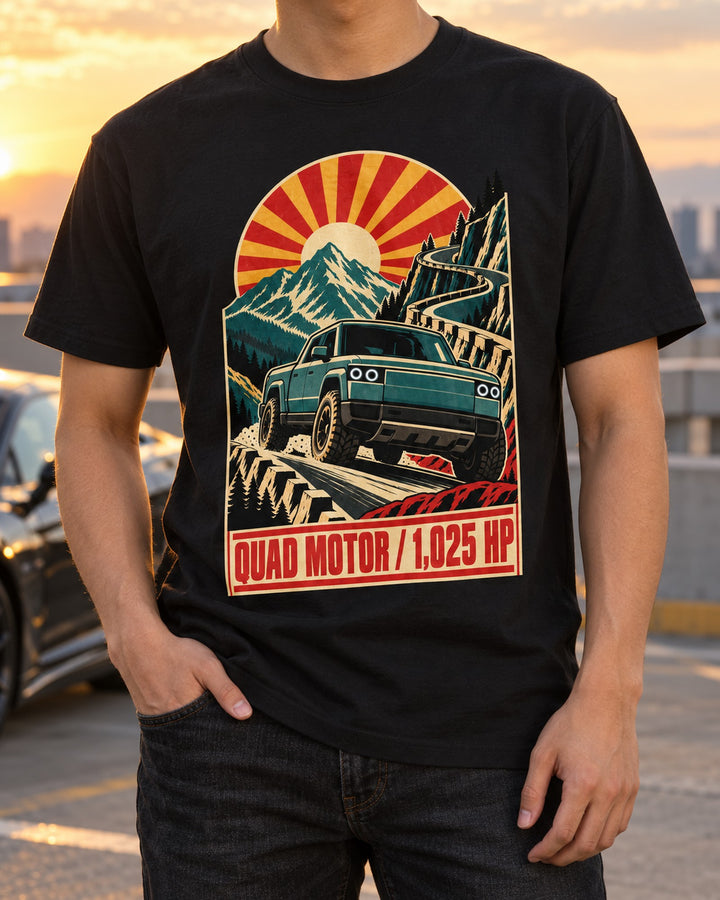 Quad Motor Hill Climb Rivian R1T 1960s Race Poster Shirt T-Shirt Black worn hero