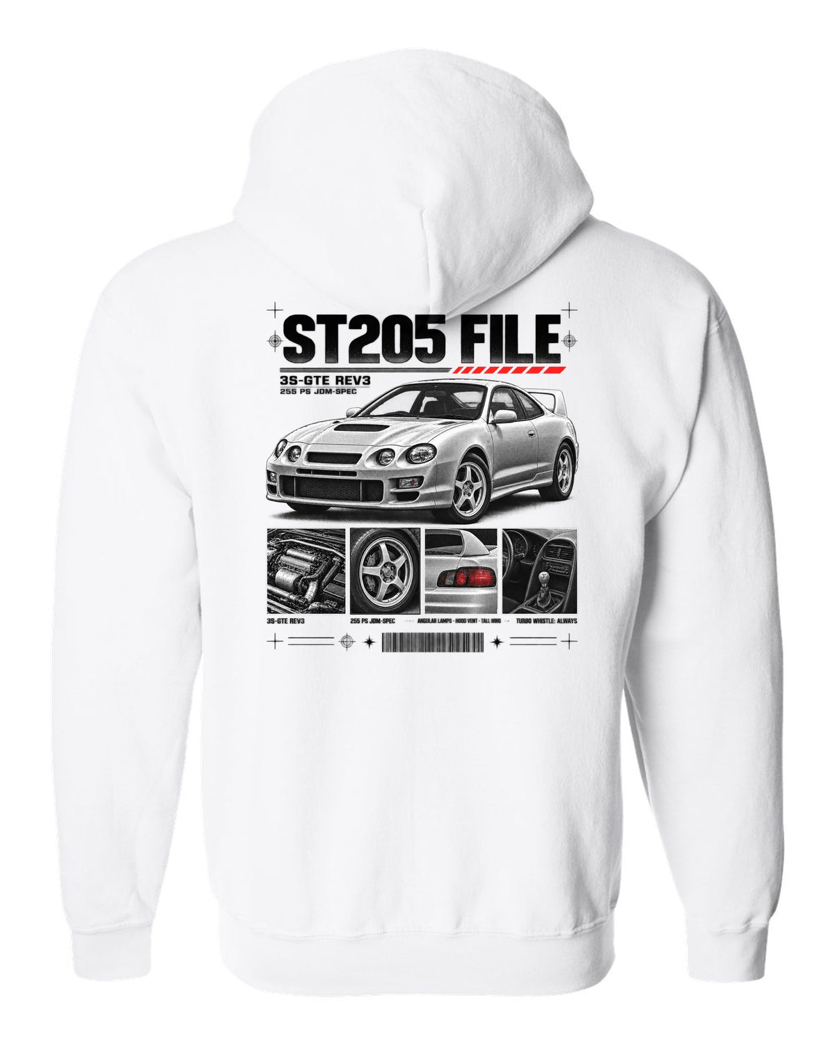 Dossier panel print of a Toyota Celica GT-Four ST205 with 3S-GTE Rev3 and 255 PS text white zip hoodie back view with the design