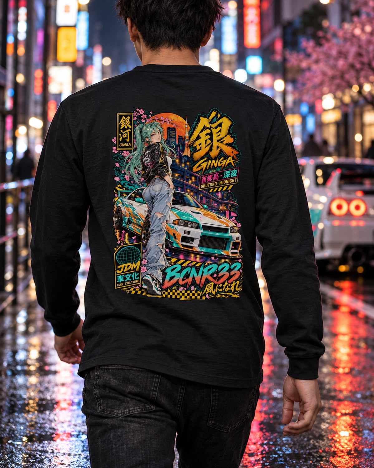GINGA BCNR33 Anime Girl Full-Back Graphic Tee Long Sleeve Black worn hero