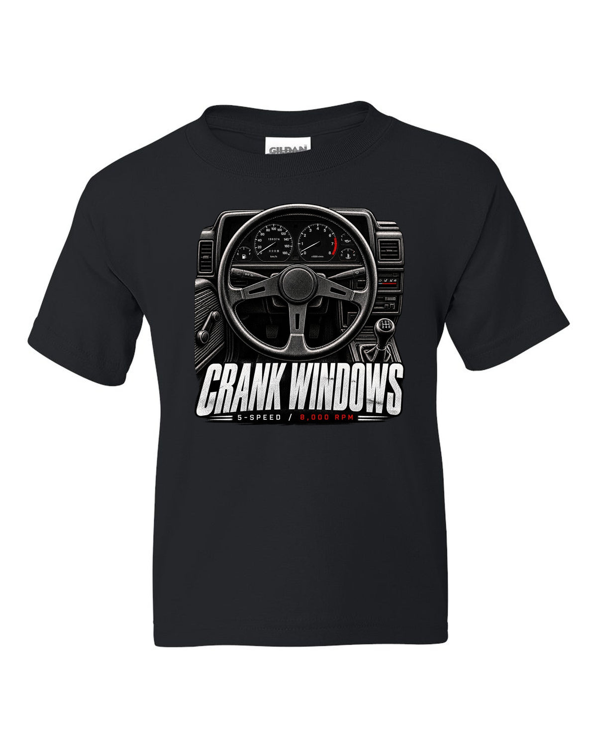 print of a Toyota AE86 interior cockpit with gauges and crank window lettering black kids tee front view with the design