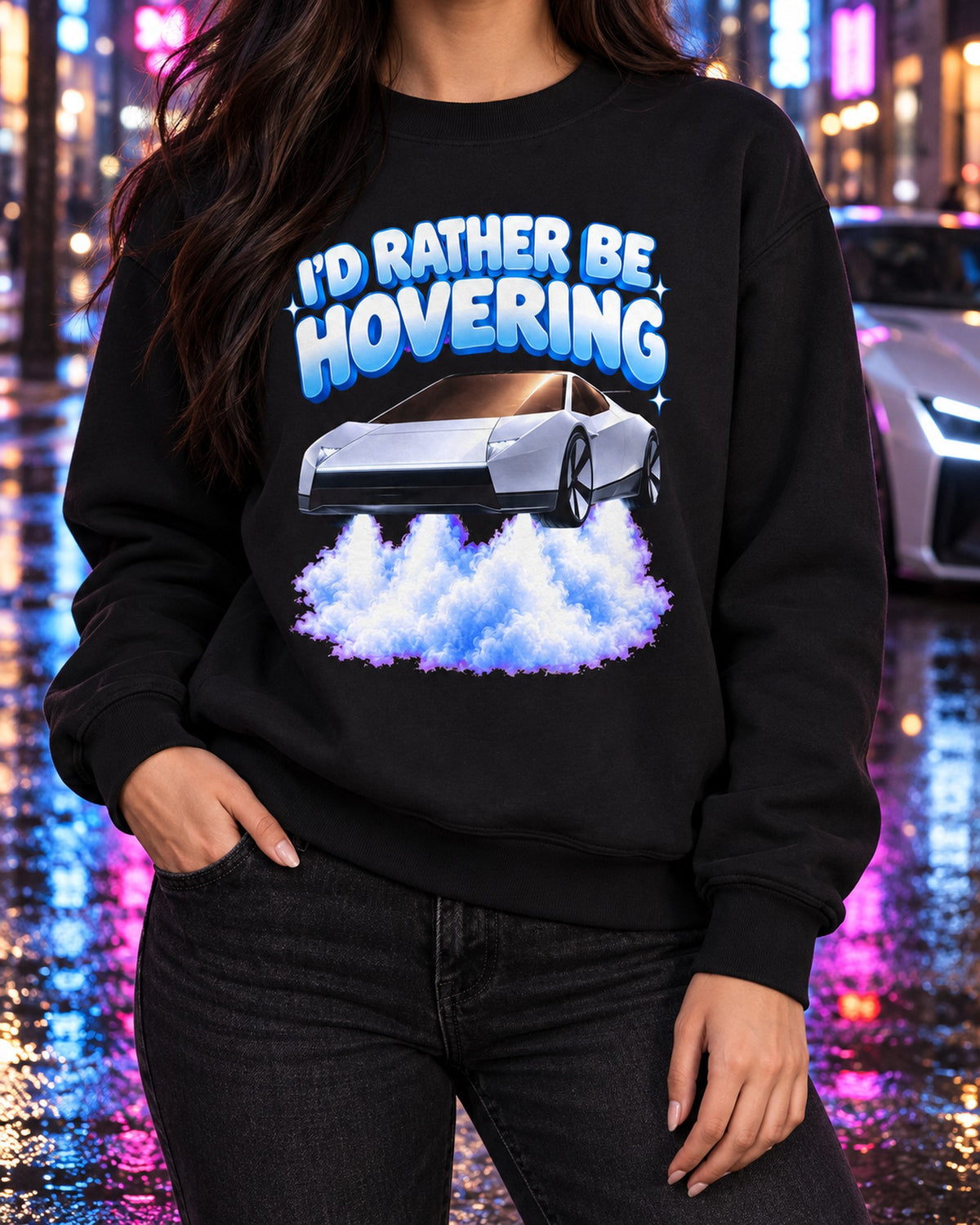 I'd Rather Be Hovering Tesla Roadster Shirt, Hoodie & More Crewneck Black worn hero