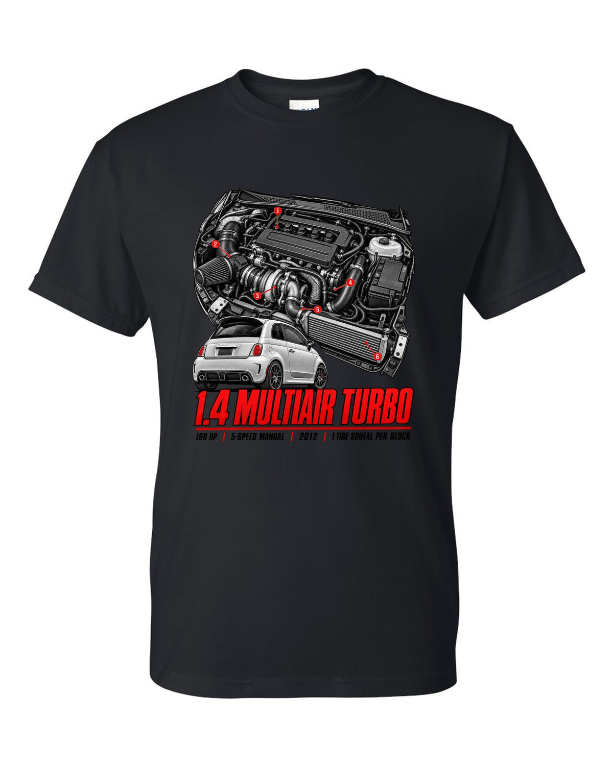 Fiat 500 Abarth engine bay hero poster with 1.4 MultiAir turbo figures black t-shirt front view with the design
