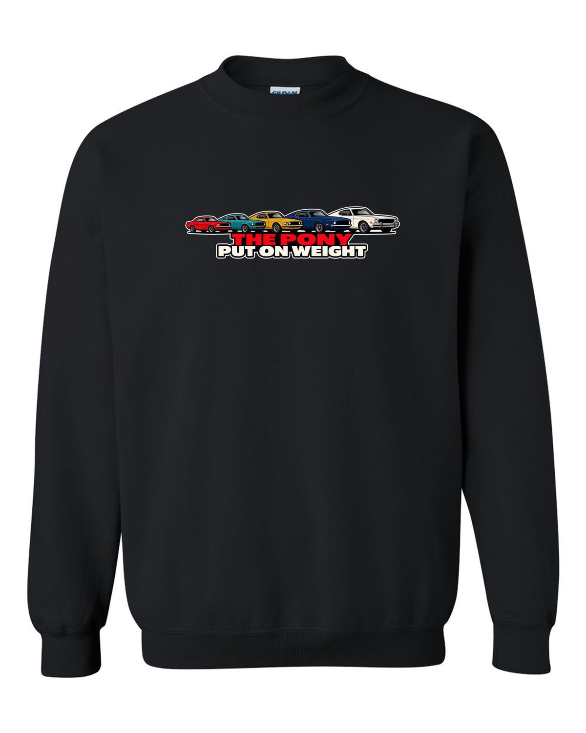 Generation evolution lineup print of five first-generation Ford Mustangs 1965-73 black crewneck front view with the design