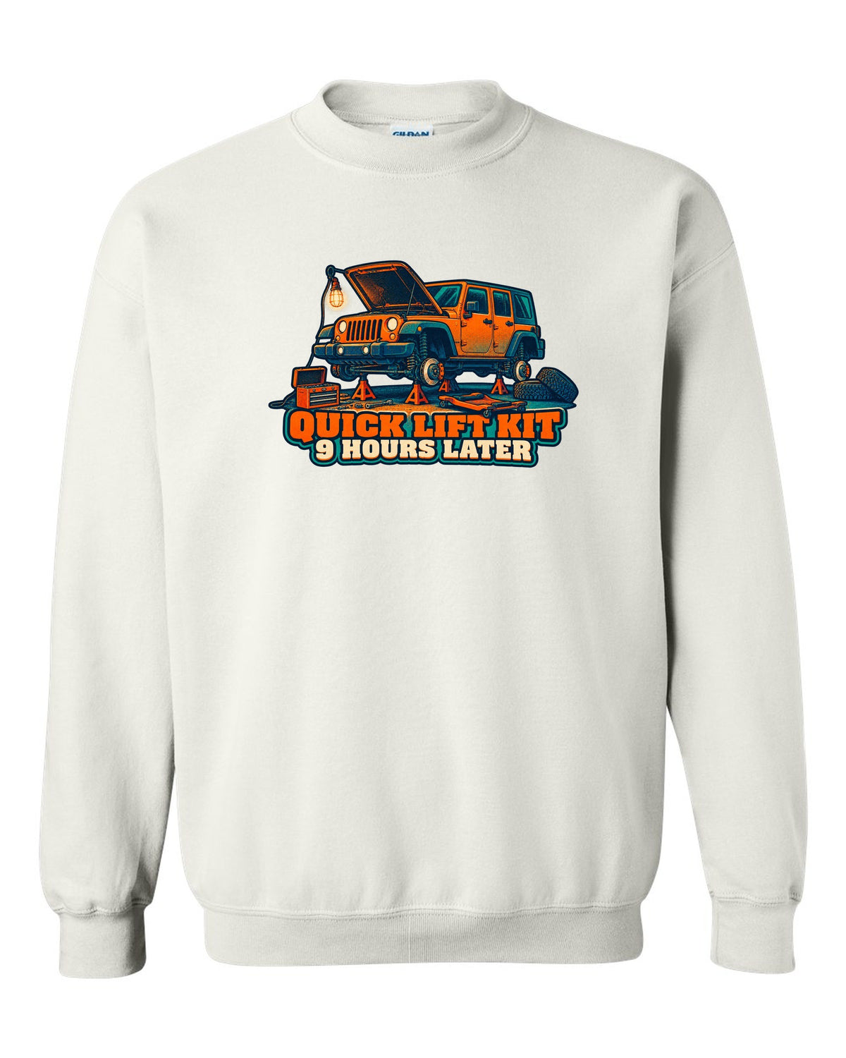 Risograph-style print of a Jeep Wrangler JKU four-door with lift kit joke text white crewneck front view with the design