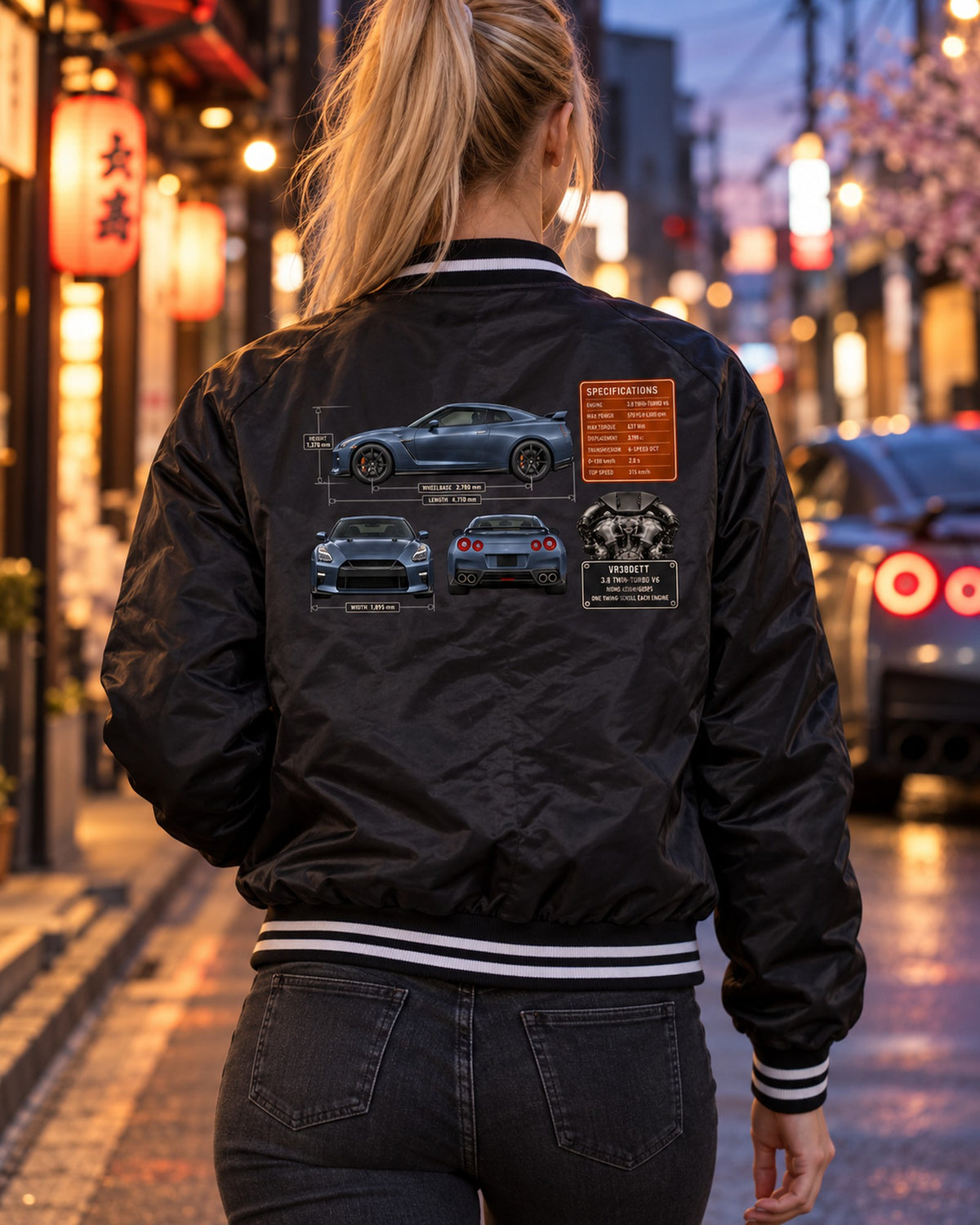 Nissan GT-R R35 Dimension Blueprint Tee, VR38DETT Car Shirt Bomber Jacket Black worn hero