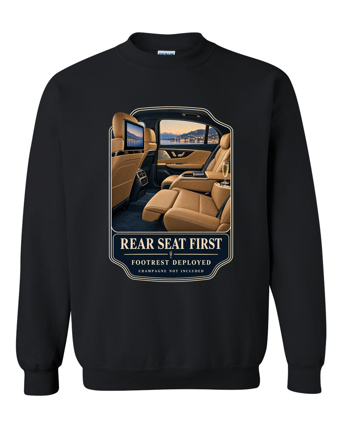print of the Mercedes-Maybach S680 rear executive cabin with footrest deployed black crewneck front view with the design