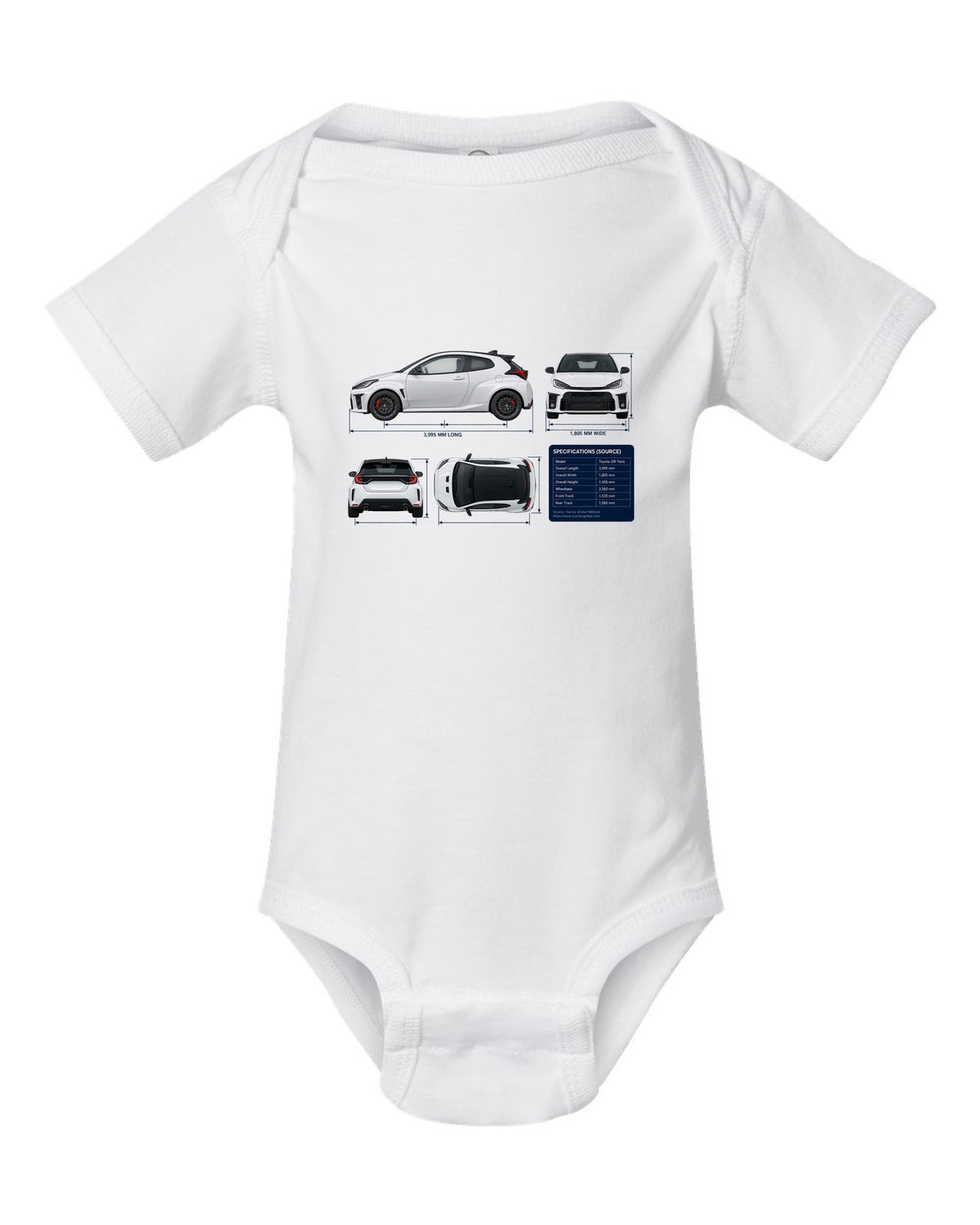 Toyota GR Corolla Morizo Edition Blueprint white baby onesie front view with the design