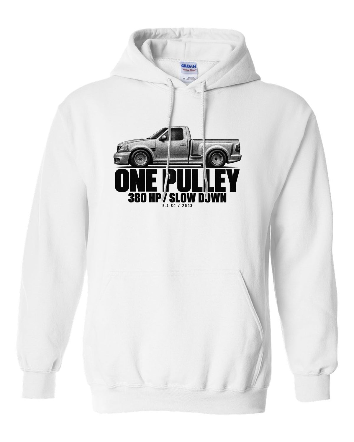 Halftone print of a 2002-03 Ford F-150 SVT Lightning with 380 HP text white pull over hoodie front view with the design
