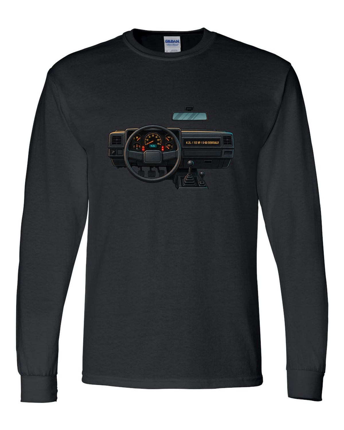 Gauge-cluster HUD print of a Jeep Wrangler YJ with 4.2L and 112 HP text black long sleeve front view with the design