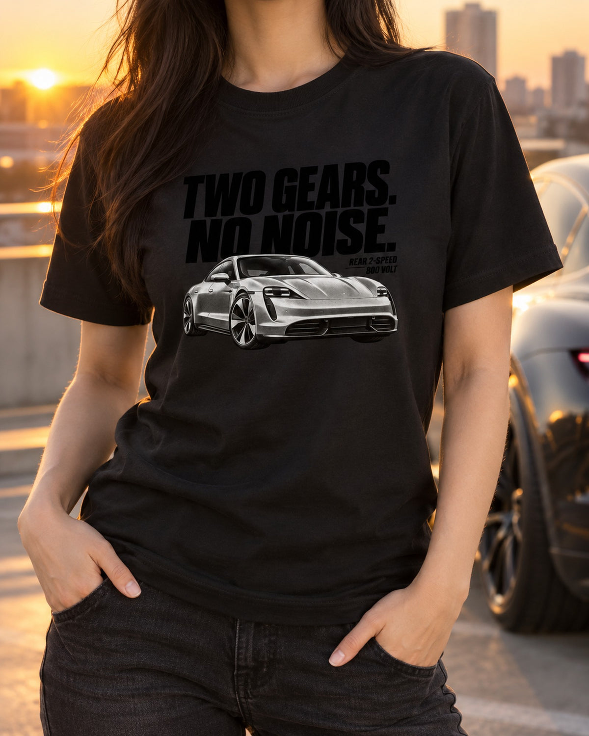 Taycan Turbo S 9J1 Two Gears No Noise Halftone Tee, 800 Volt T-Shirt Black worn hero
