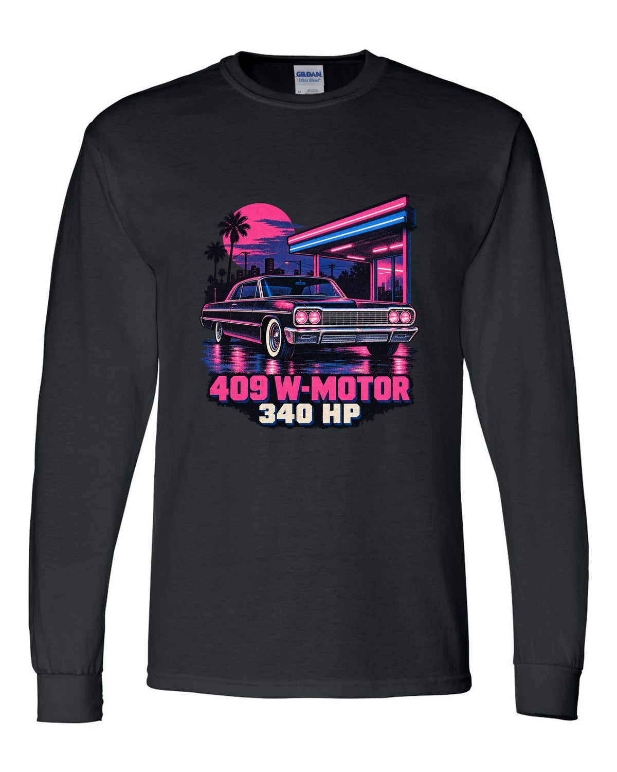 1964 Chevrolet Impala SS in pink and blue risograph neon rain with text 409 W-Motor 340 HP black long sleeve front view with the design