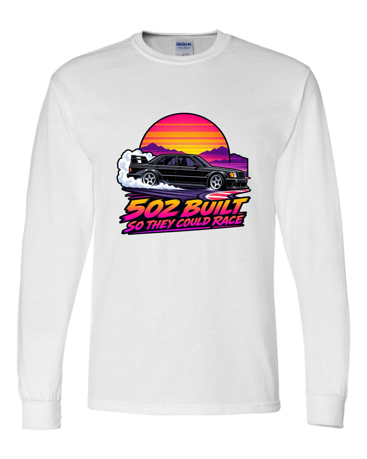 Flat vector eighties sunset gradient print of a Mercedes-Benz 190E Evo II W201 sliding through a chicane white long sleeve front view with the design