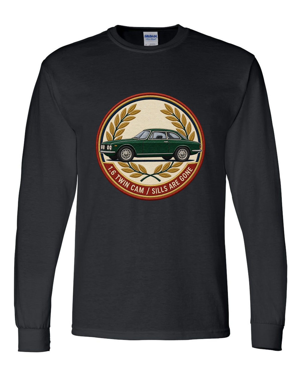 Embroidery style varsity crest for an Alfa Romeo Giulia Sprint GT 105 with 1.6 twin cam black long sleeve front view with the design