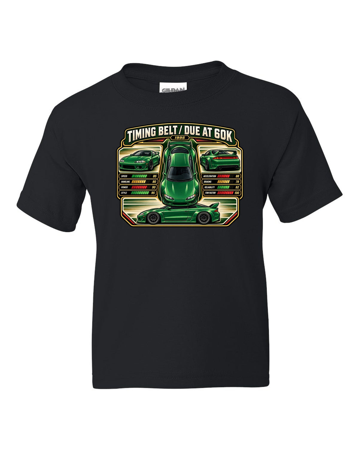 Top-down vector trading card print of a widebody Mitsubishi Eclipse GSX 2G with timing belt due at 60K text black kids tee front view with the design