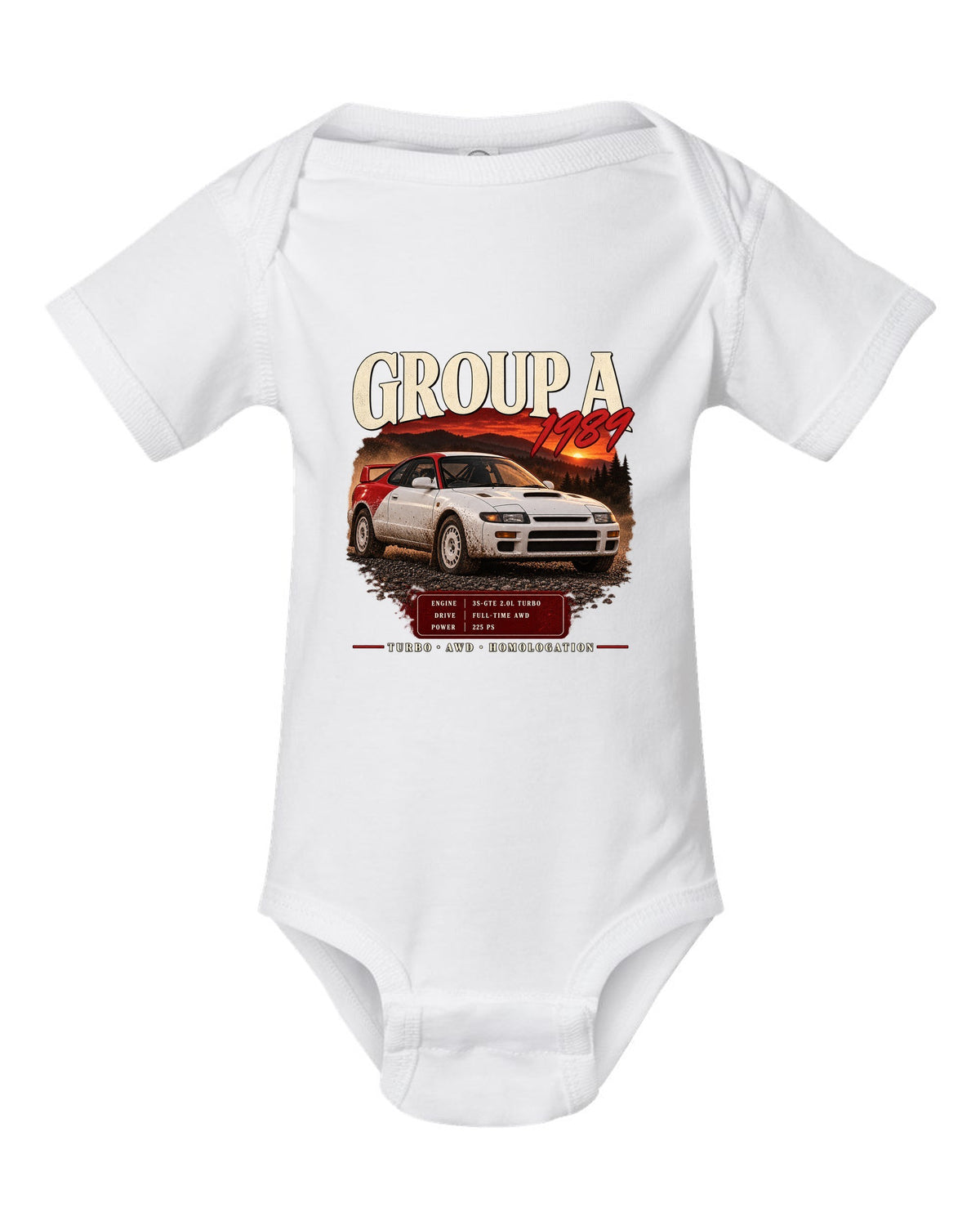 Archive panel print of a Toyota Celica GT-Four ST185 with Group A 1989 specs white baby onesie front view with the design