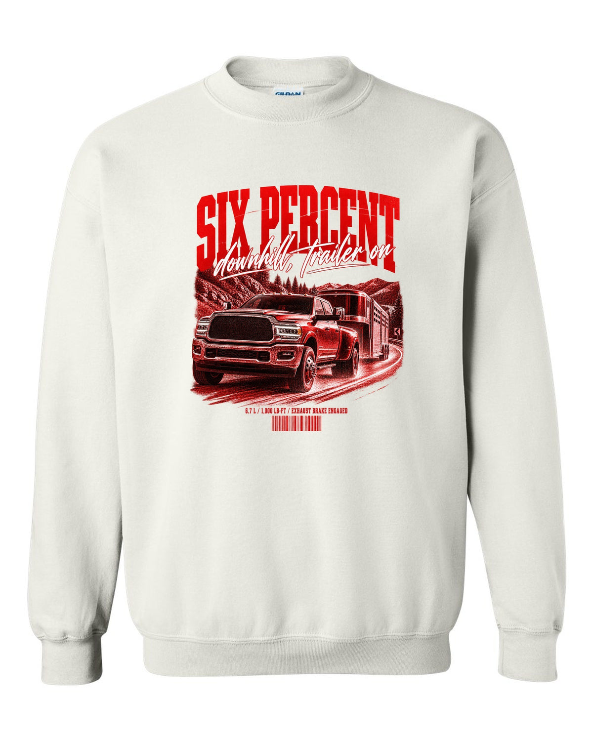Street poster of a 2019-2024 Ram 3500 towing a trailer with the text Six percent, downhill, trailer on white crewneck front view with the design
