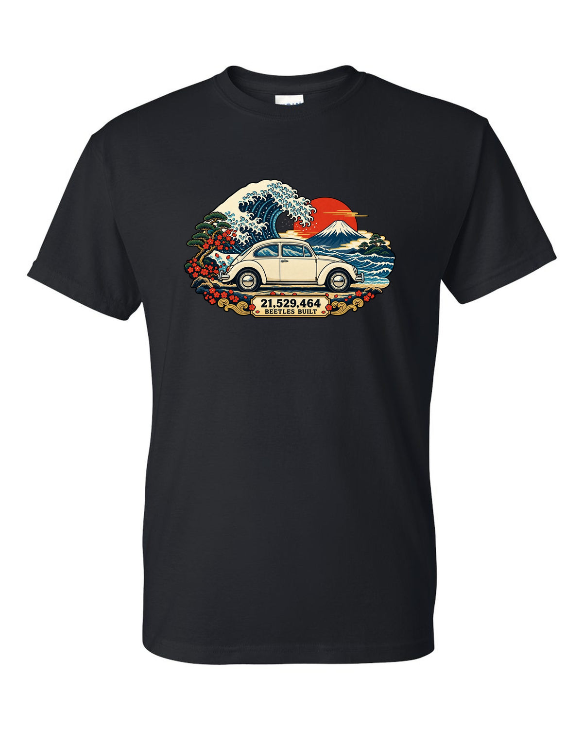 Ukiyo-e woodblock wave print of a VW Beetle Type 1 with 21,529,464 Beetles built text black t-shirt front view with the design