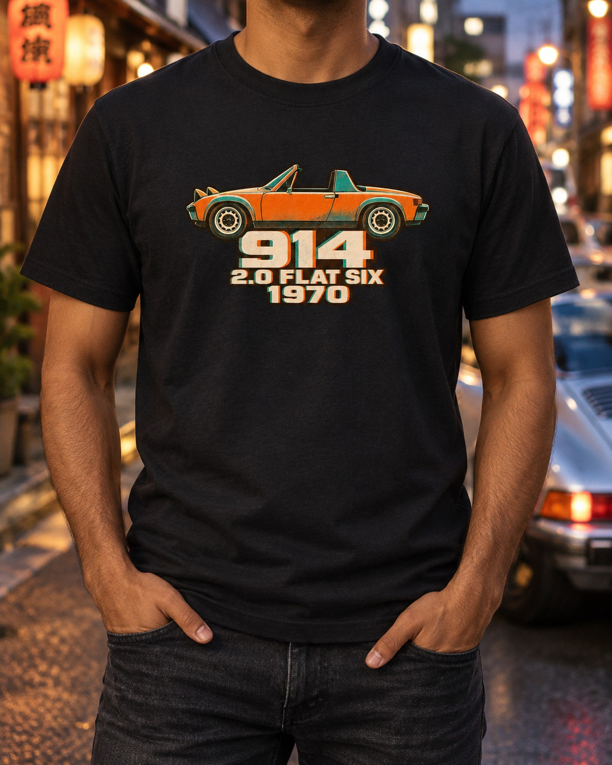 Porsche 914/6 Two-Colour Risograph Shirt, 2.0 Flat Six 1970 T-Shirt Black worn hero