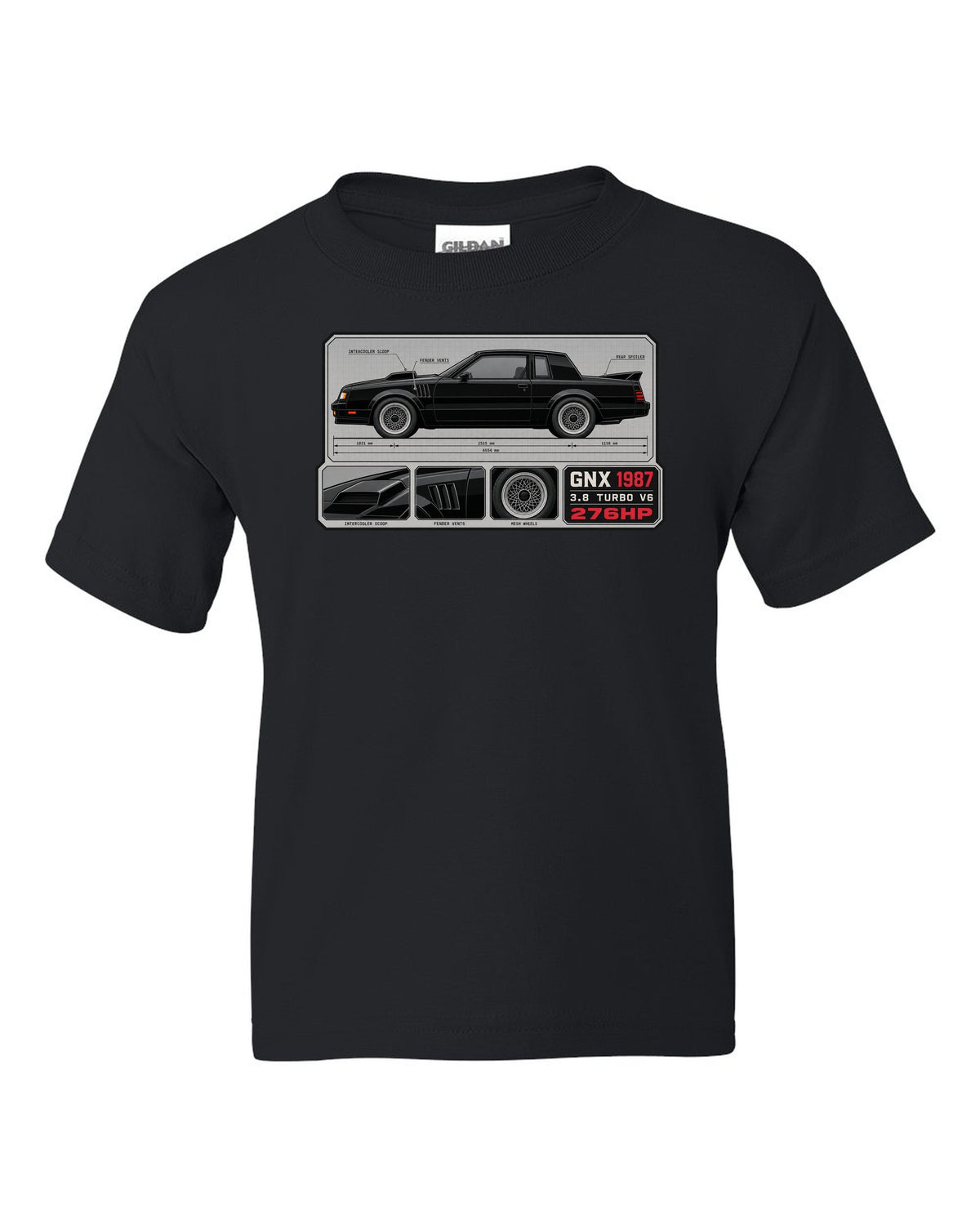 1987 Buick GNX datasheet spec layout with 3.8 turbo V6 and 276HP text black kids tee front view with the design