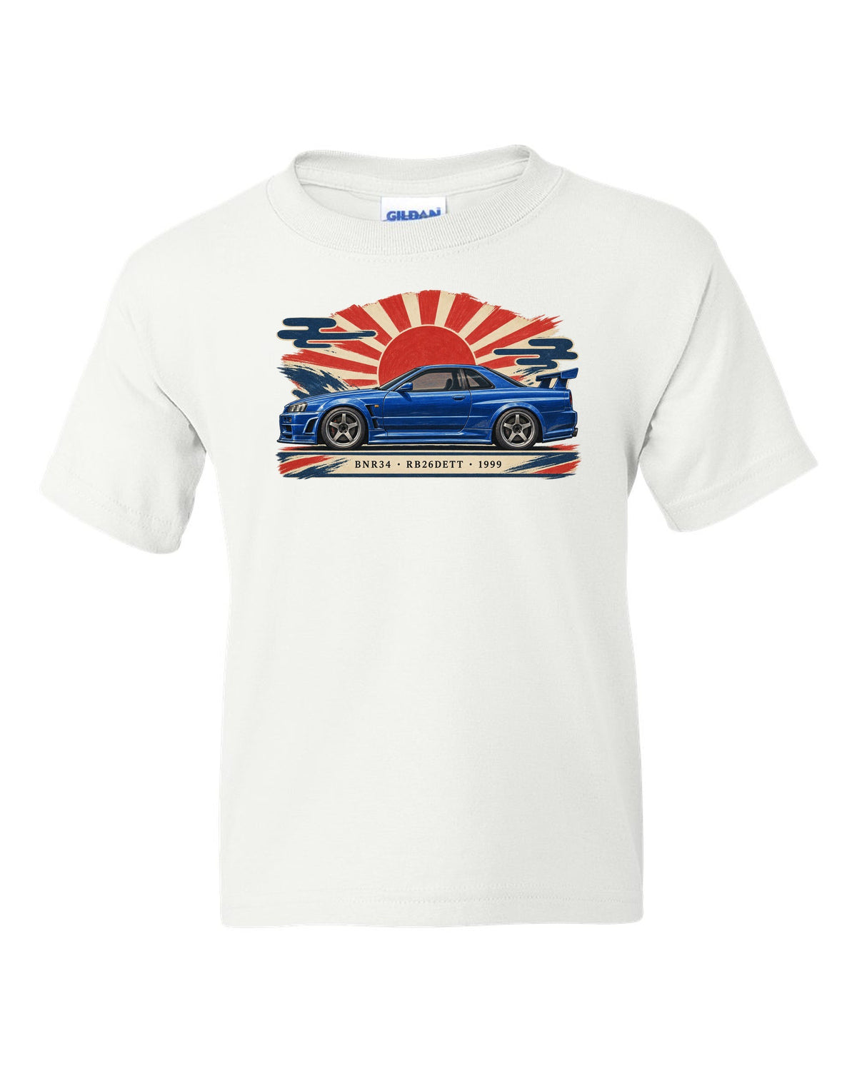 Retro Japanese Showa catalogue ad style print of a 1999 Nissan Skyline GT-R BNR34 with RB26DETT lettering white kids tee front view with the design