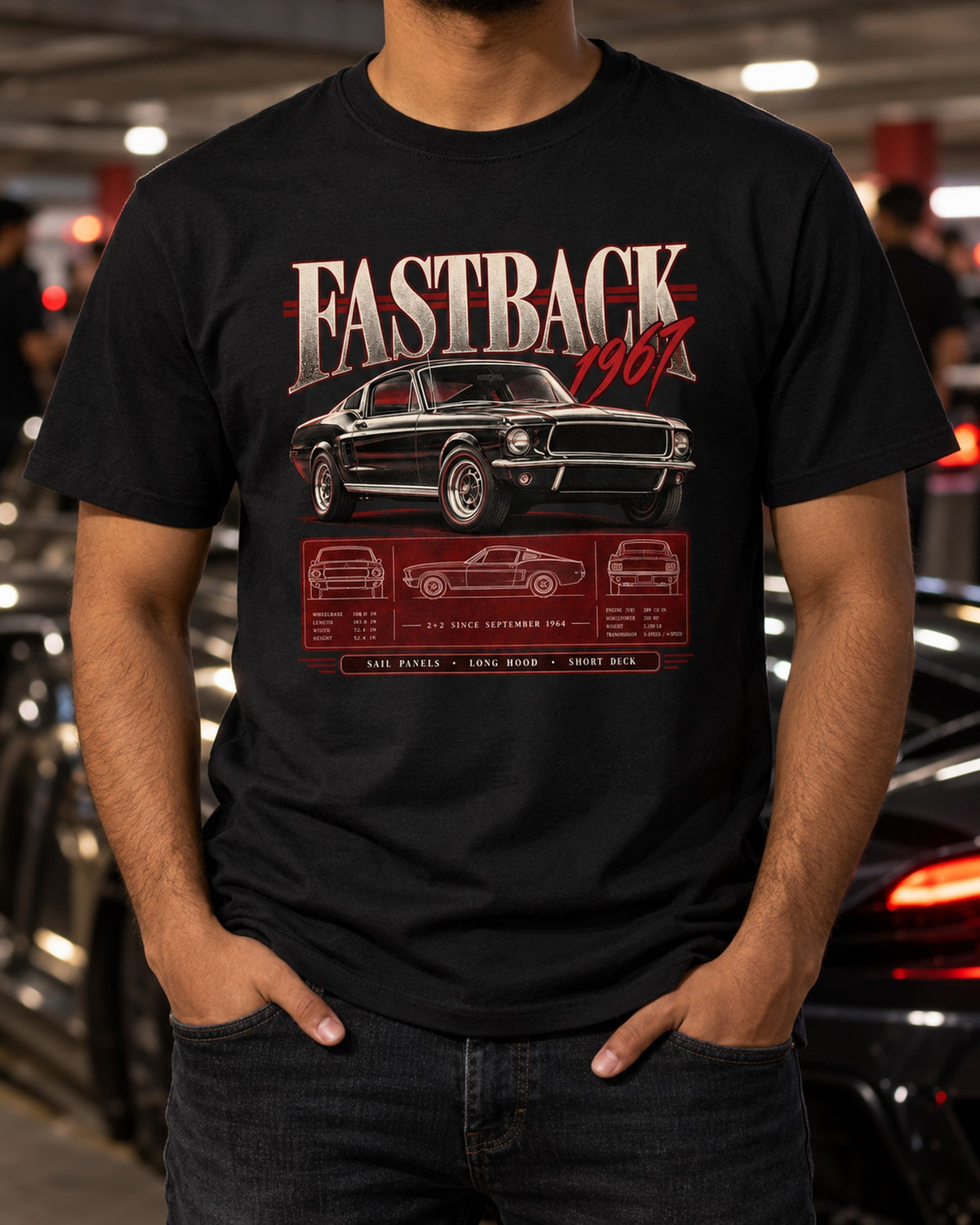 1967 Mustang Fastback 2+2 Archive Shirt, Sail Panels T-Shirt Black worn hero
