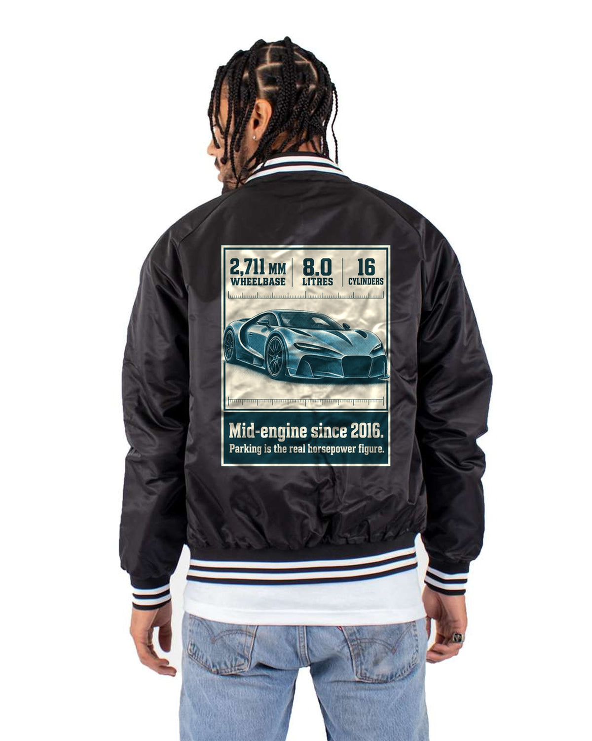 Bugatti Chiron Sport Halftone Shirt, 16 Cylinders, 8.0 Litres Bomber Jacket Black back