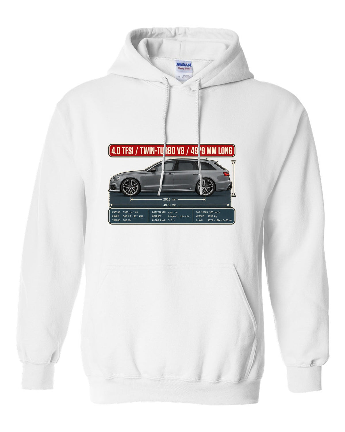 Audi RS6 Avant C7 Daytona grey dimension blueprint print white pull over hoodie front view with the design