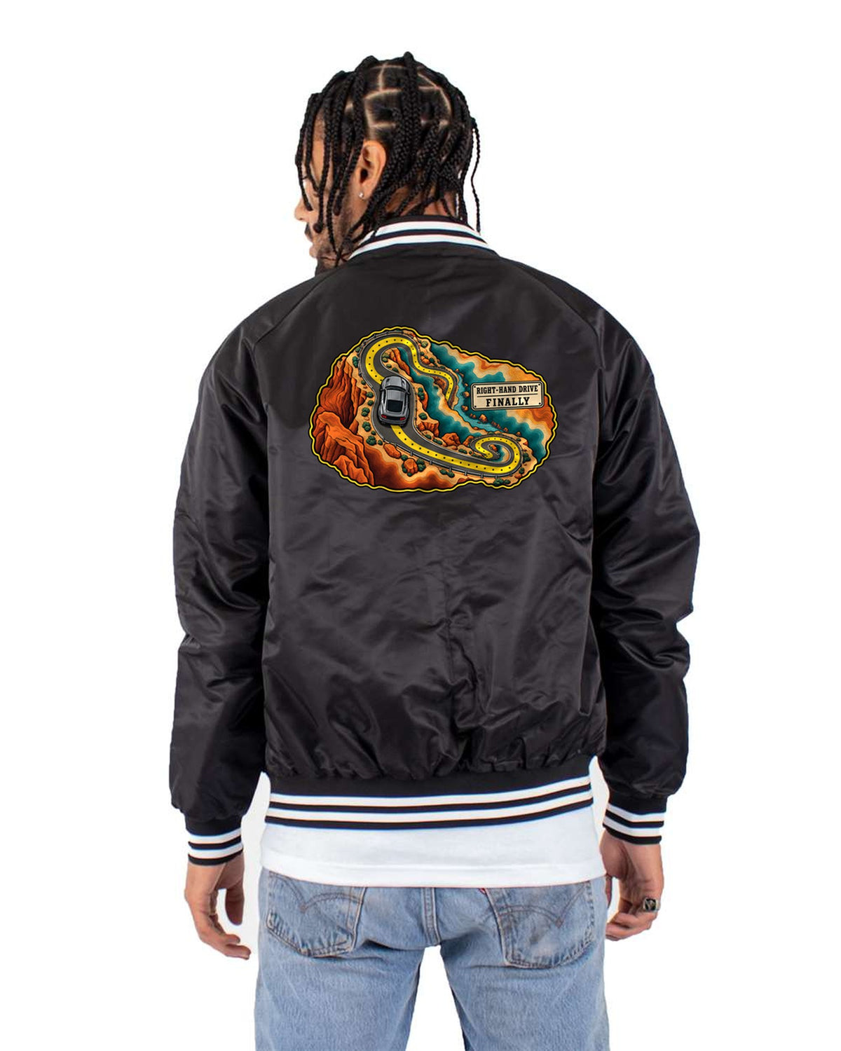 S550 Mustang Fastback Topographic Canyon Route Map Shirt Bomber Jacket Black back