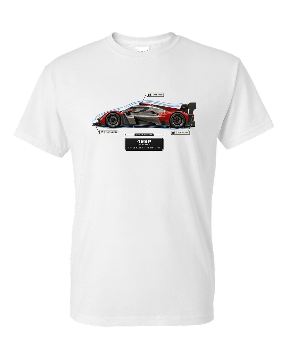 Ferrari 499P Le Mans Hypercar aero callout print with 120-degree V6 white t-shirt front view with the design