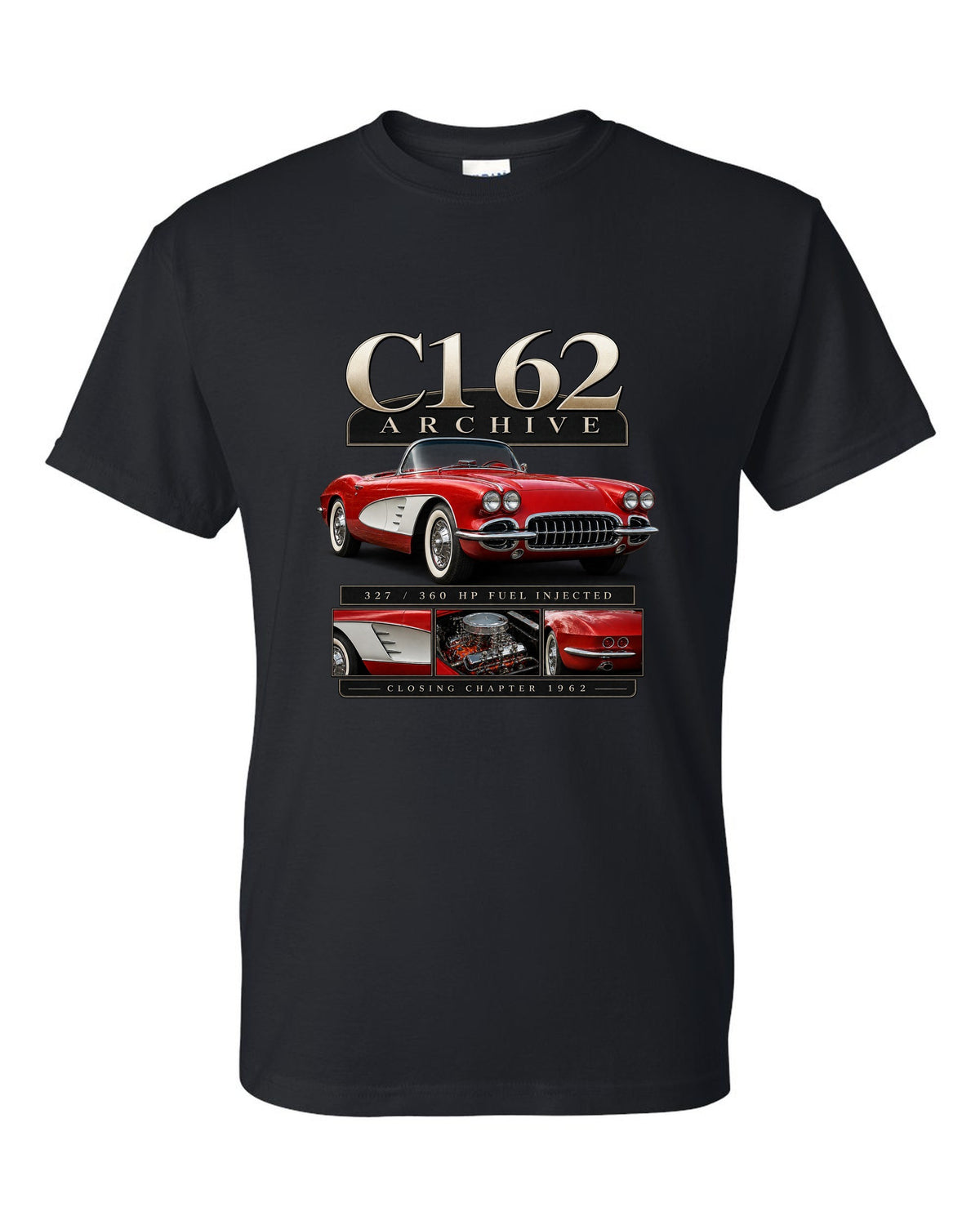 Corvette C1 1962 solid-axle roadster archive panel black t-shirt front view with the design