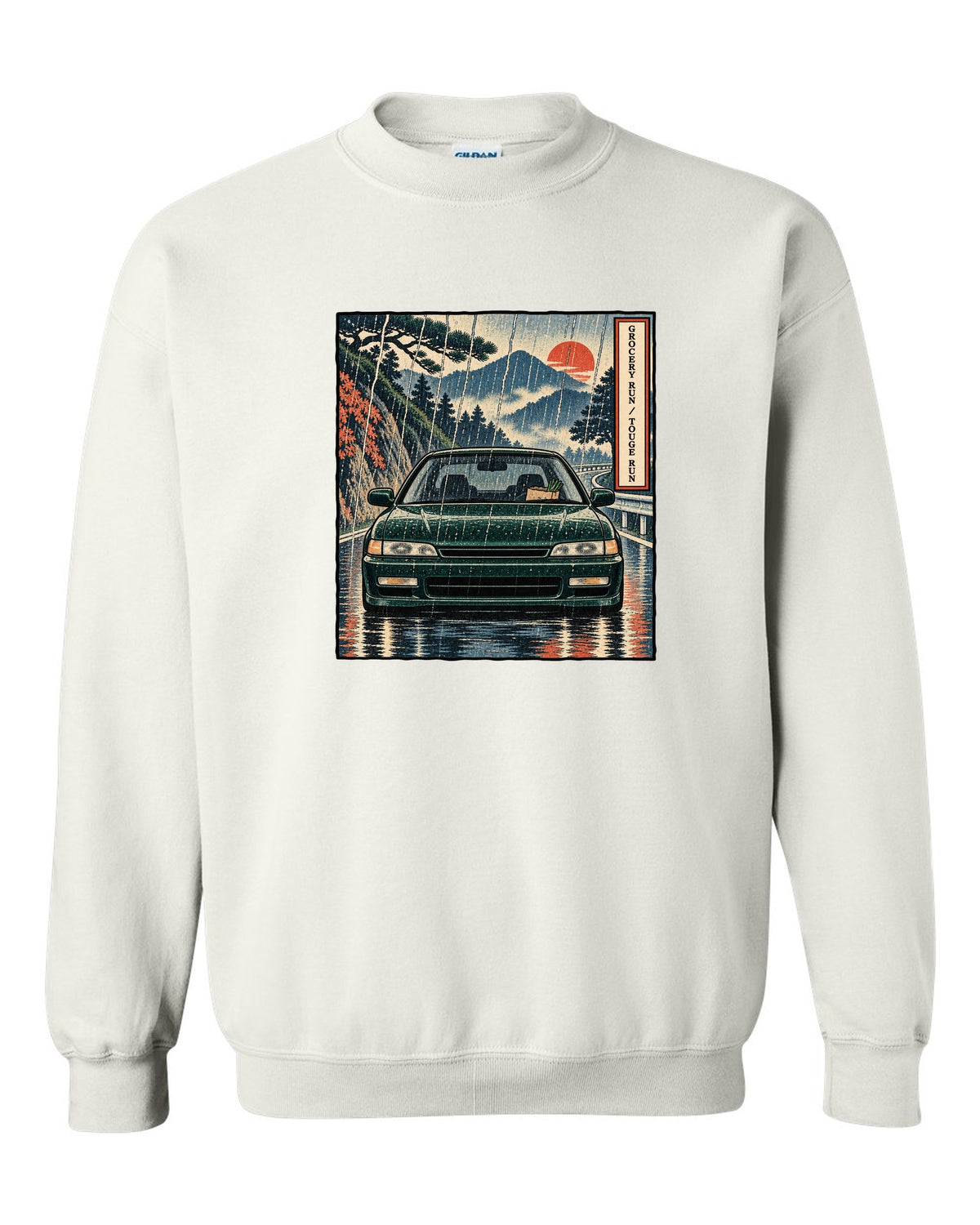 Ukiyo-e woodblock style print of a Honda Accord CD6 SiR with grocery run touge run text white crewneck front view with the design