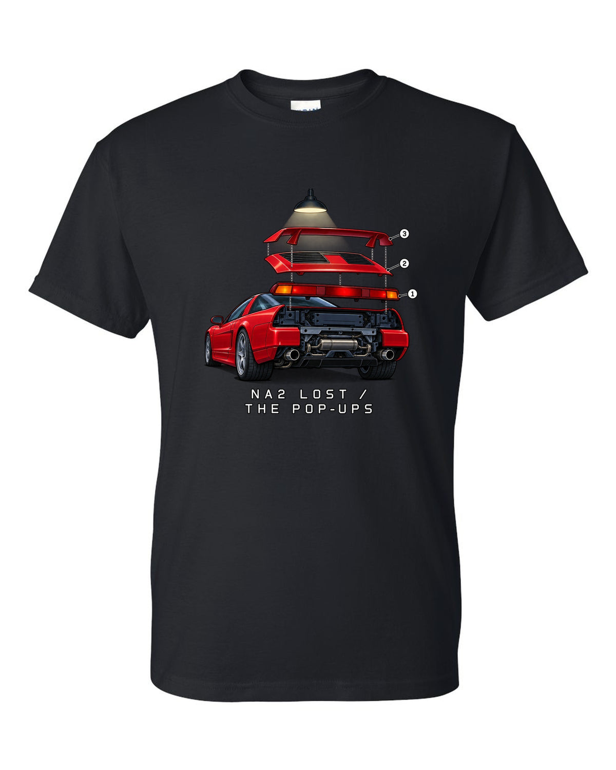 Isometric exploded taillight diagram of a 2002 Honda NSX NA2 with NA2 Lost The Pop-Ups lettering black t-shirt front view with the design