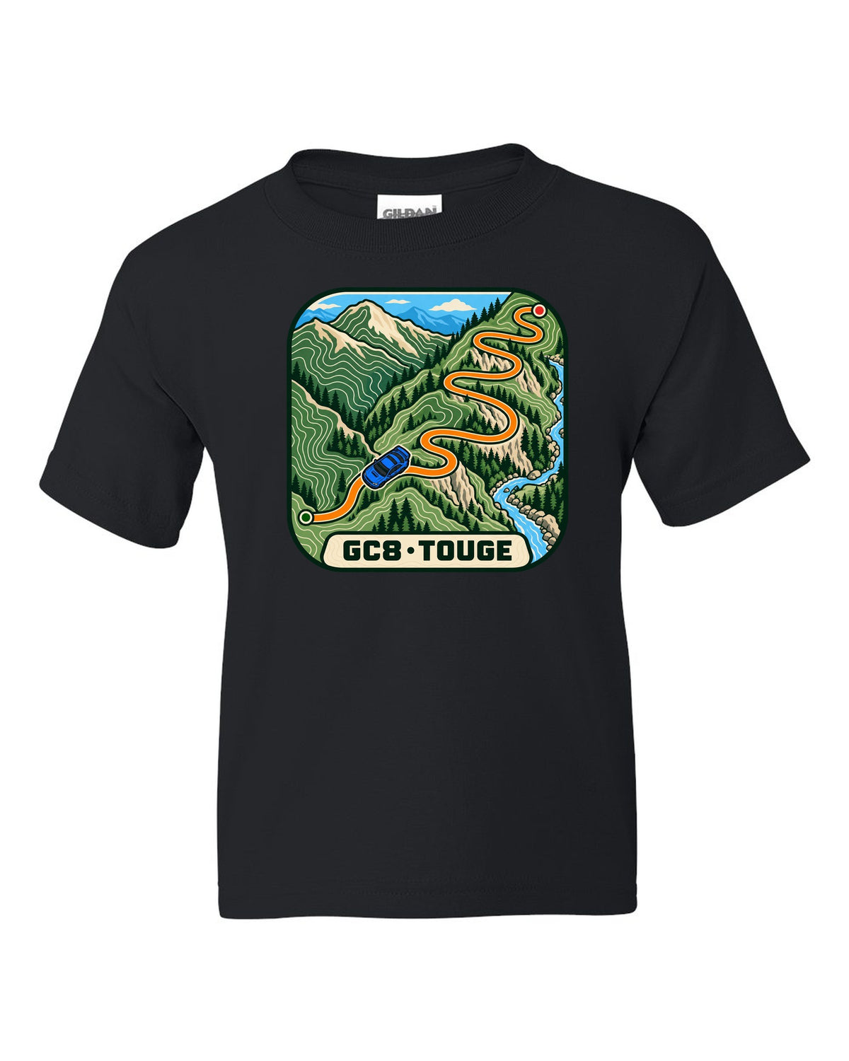 Subaru Impreza WRX GC8 touge route drawn as a topographic contour map, GC8 / TOUGE black kids tee front view with the design