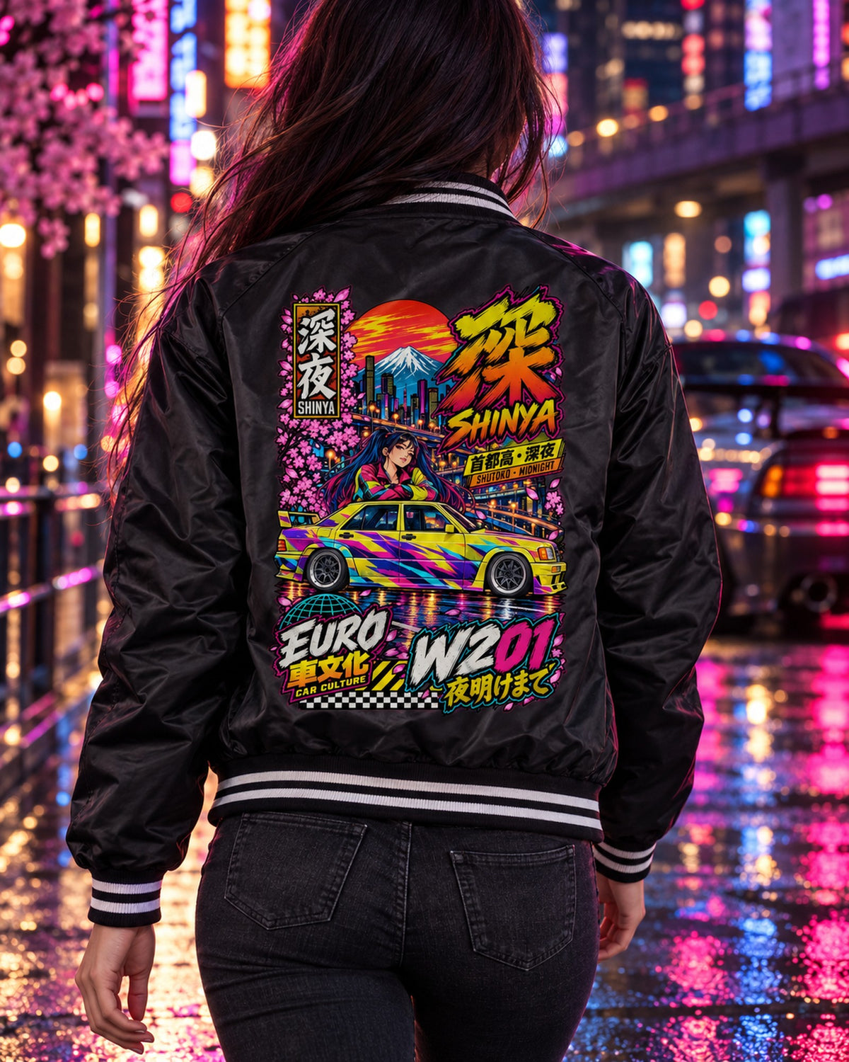 SHINYA W201 Anime Girl Full-Back Graphic Tee Bomber Jacket Black worn hero