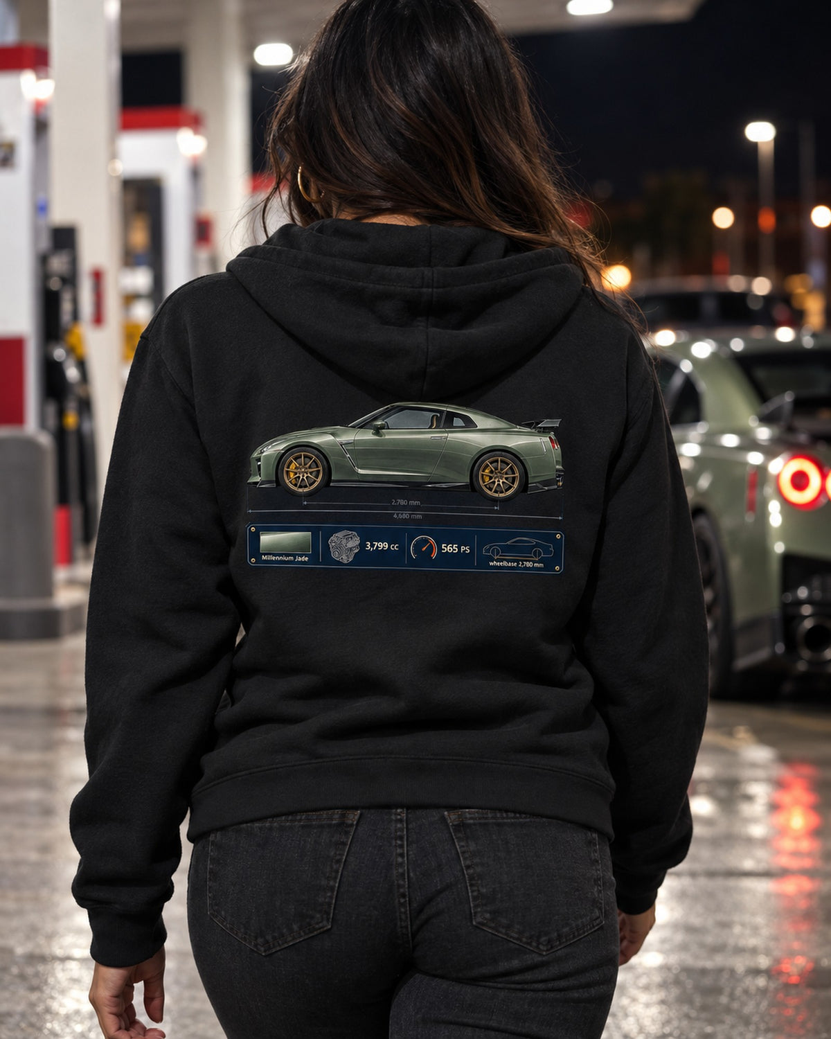 Nissan GT-R R35 T-spec Blueprint Shirt, 2024 Car Guy Tee Zip Hoodie Black worn hero