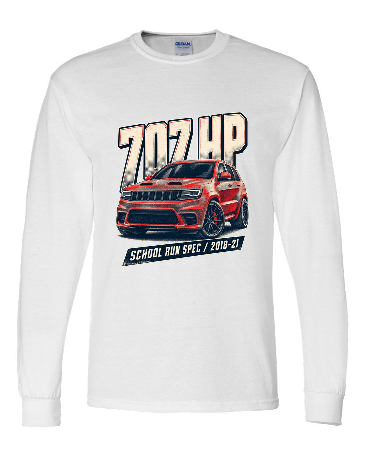 Halftone print of the Jeep Grand Cherokee Trackhawk WK2 with 707 HP lettering white long sleeve front view with the design
