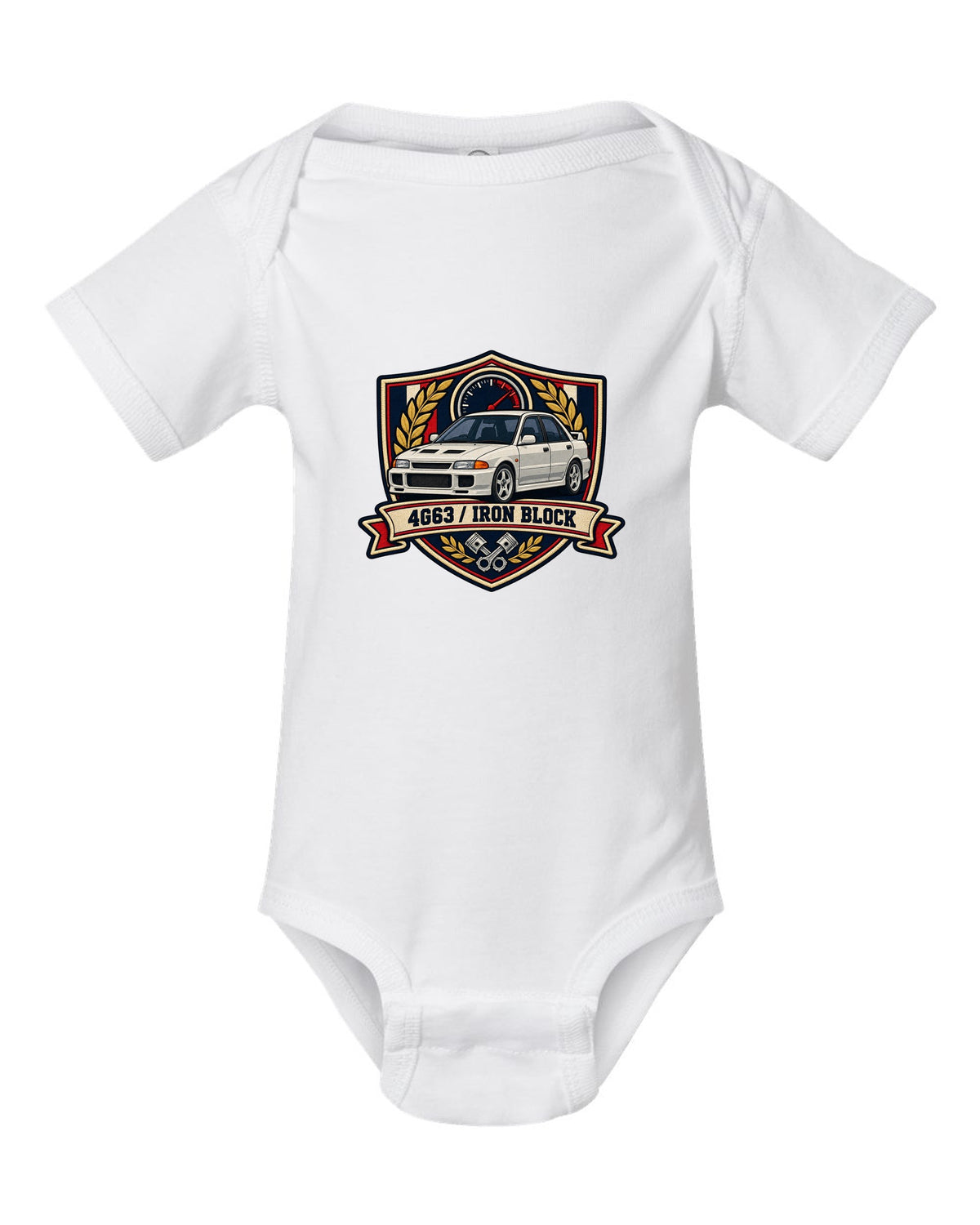 Mitsubishi Lancer Evolution I CD9A embroidered varsity crest print, 4G63 / IRON BLOCK white baby onesie front view with the design