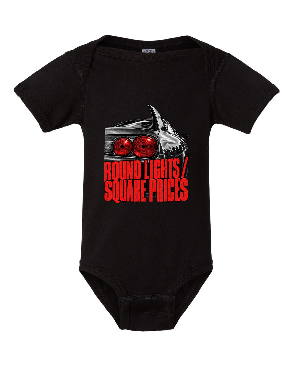 print of a Toyota Supra A80 JZA80 round taillight close-up with the text Round Lights Square Prices black baby onesie front view with the design