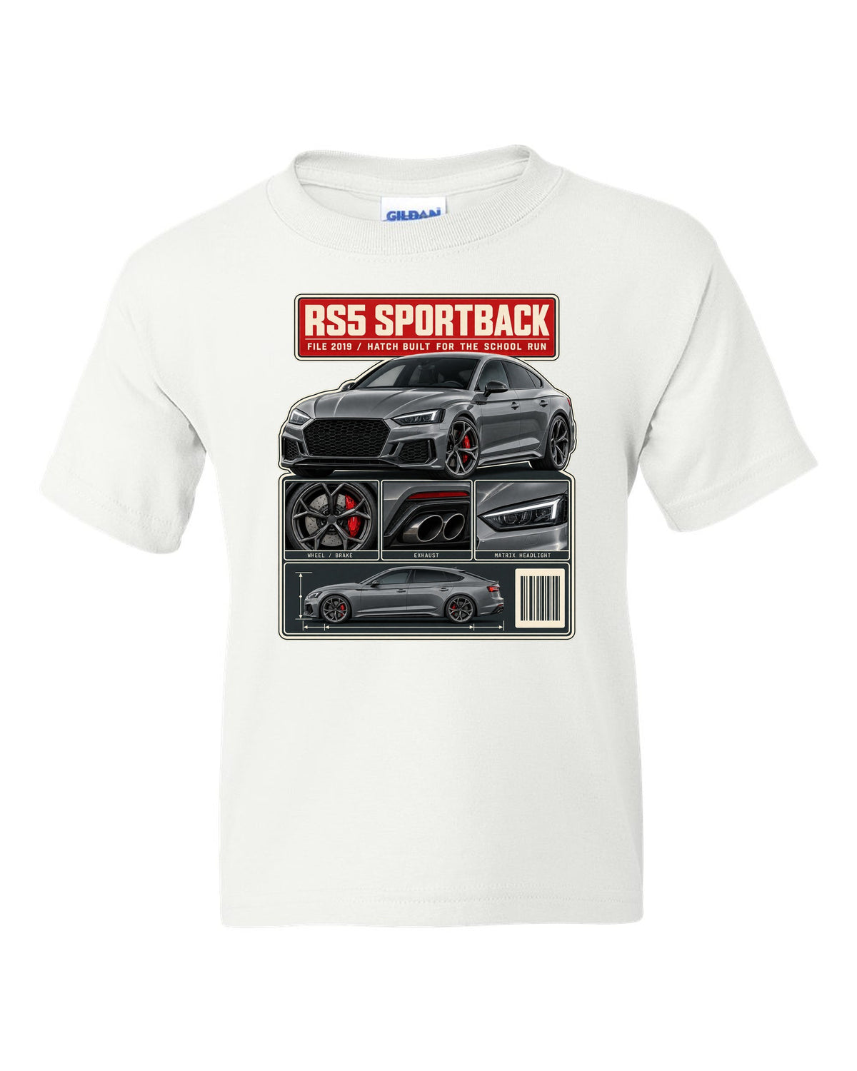 Audi RS5 Sportback B9 dossier panel print design white kids tee front view with the design
