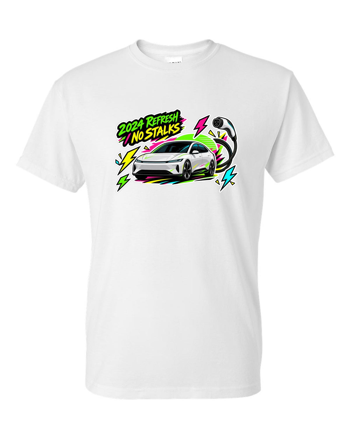 Sticker bomb collage print of a Tesla Model 3 Highland with the text 2024 Refresh No Stalks white t-shirt front view with the design