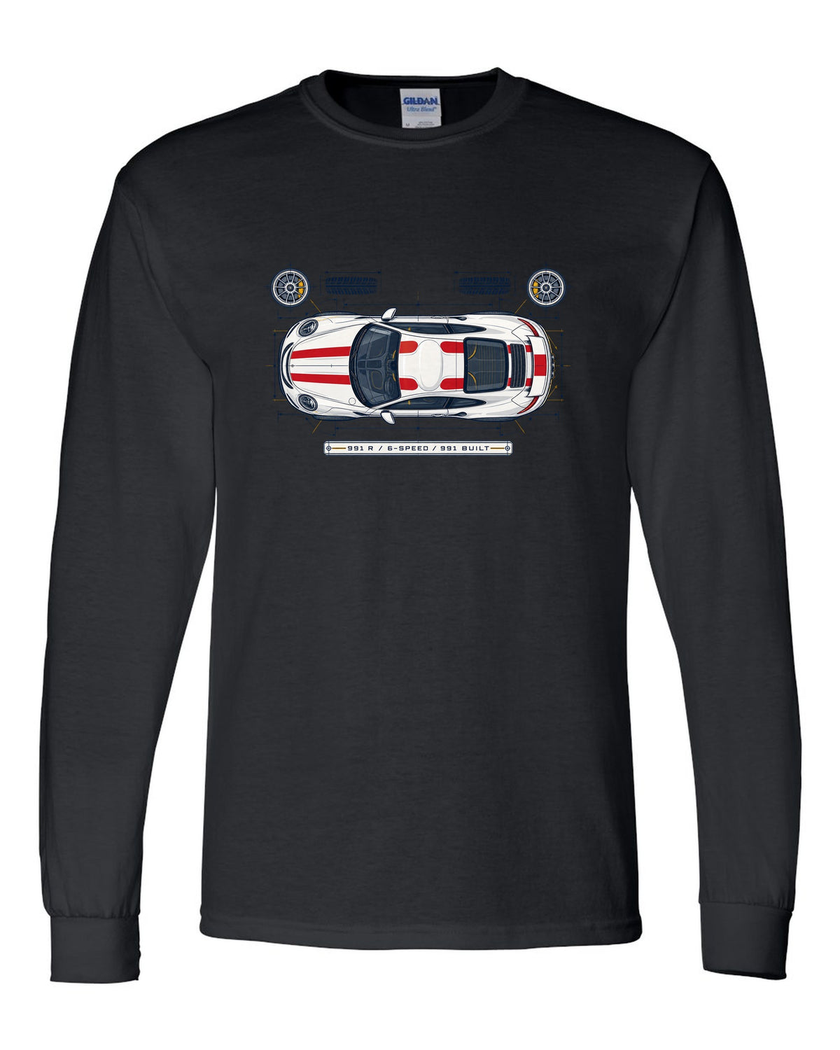 Porsche 993 Carrera five-dial gauge cluster HUD design with no screens text black long sleeve front view with the design