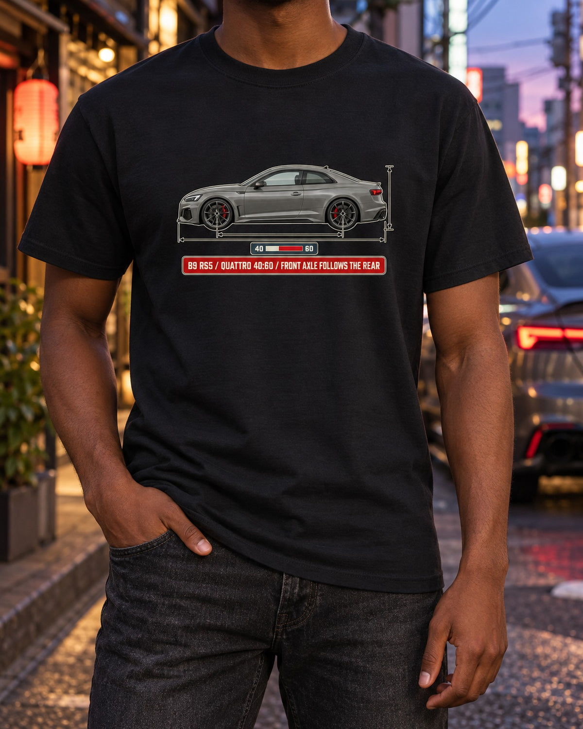 Audi RS5 Coupe B9 Facelift Dimension Blueprint, Quattro 40:60 Shirt T-Shirt Black worn hero