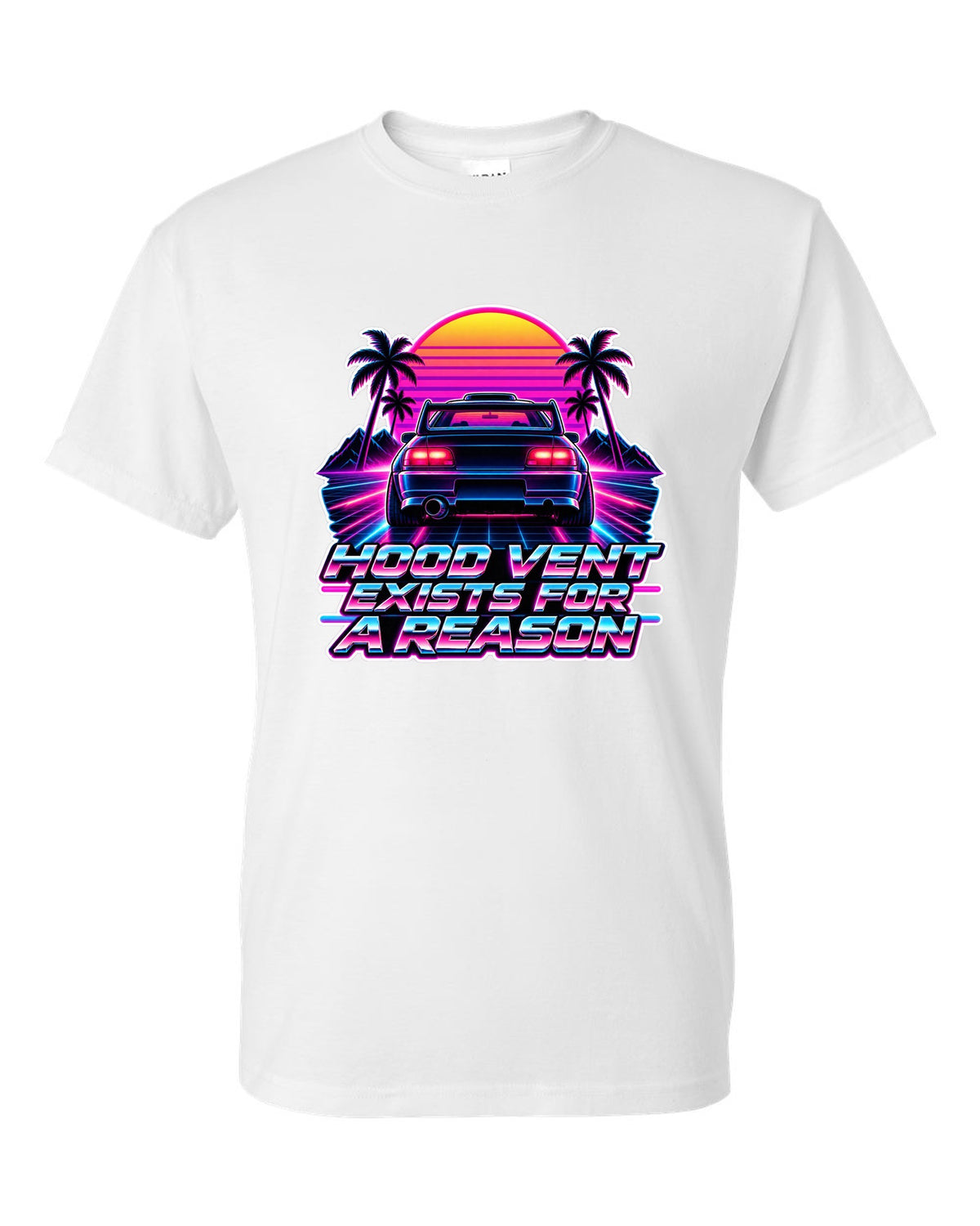Synthwave outrun illustration of a Toyota Celica GT-Four ST205 with hood vent lettering white t-shirt front view with the design