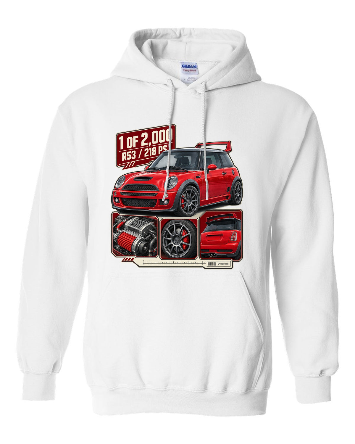 Dossier panel print for the Mini Cooper S Works GP R53 2006 showing 1 of 2,000 white pull over hoodie front view with the design