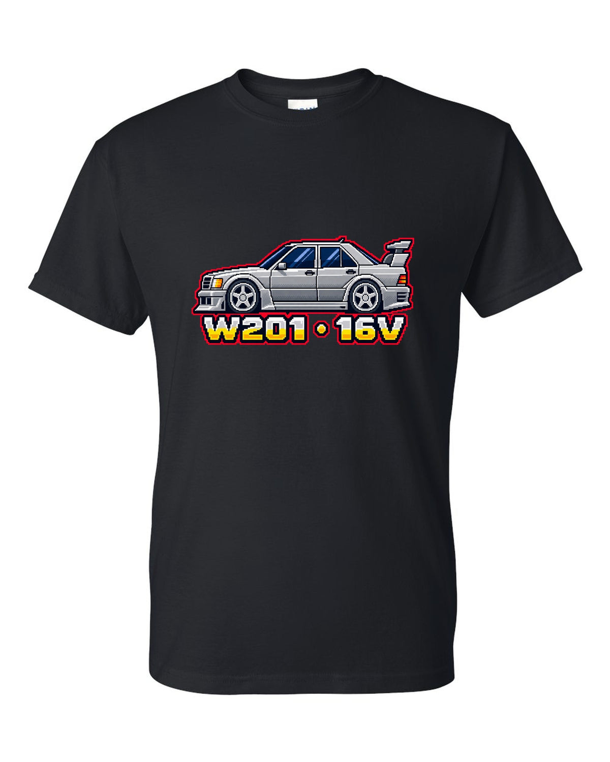 Mercedes 190E Evo II W201 16-Bit Pixel Art Tee, Car black t-shirt front view with the design